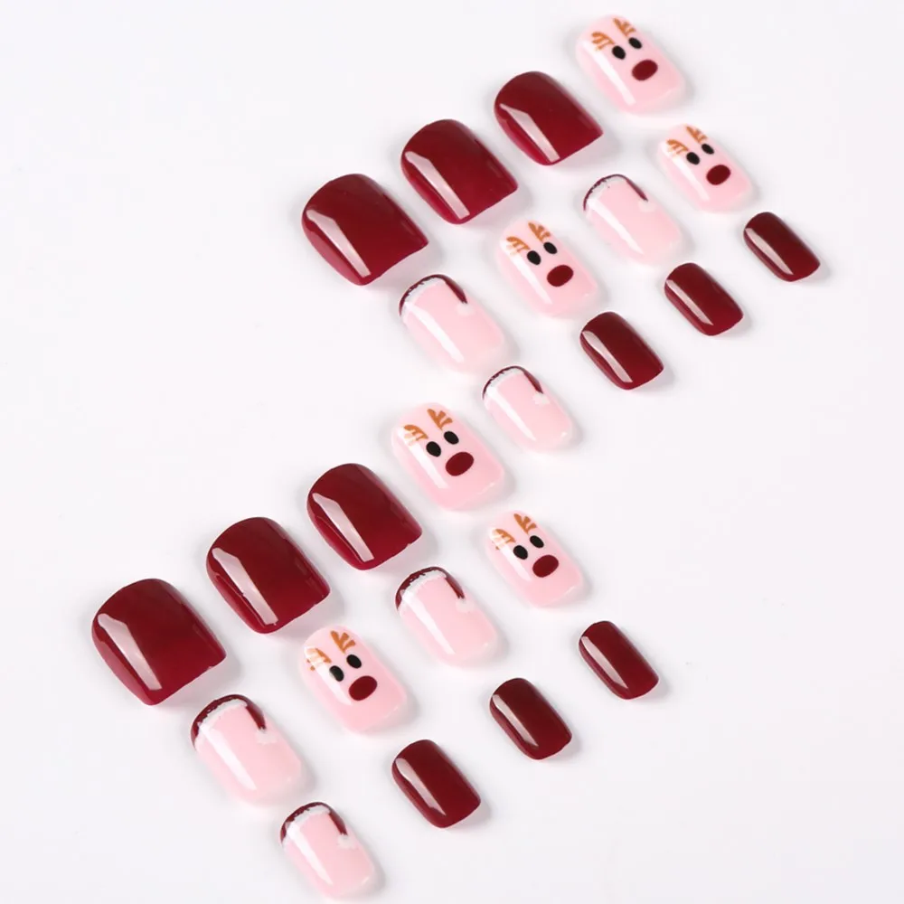 Unhas postiças destacáveis com design de alces, unhas quadradas francesas, cobertura completa pressiona, manicure estender ferramenta, Natal, 24pcs