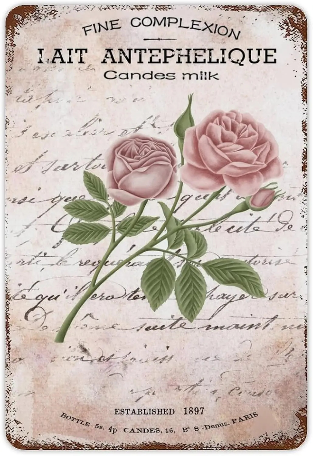 Funny Metal Tin Sign Lait Antephelique Sign Vintage Paris Style Metal Sign Pink Floral Flower Rose Motto Metal Sign Farmhou sign