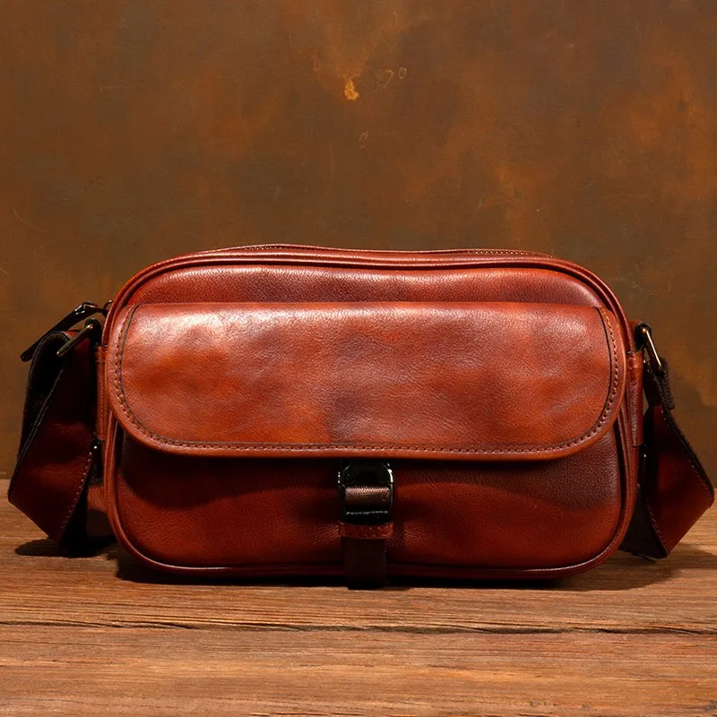 

Vegetable-tanned top-grain cowhide men's single-shoulder crossbody bag, genuine leather casual and retro small backpack, trendy