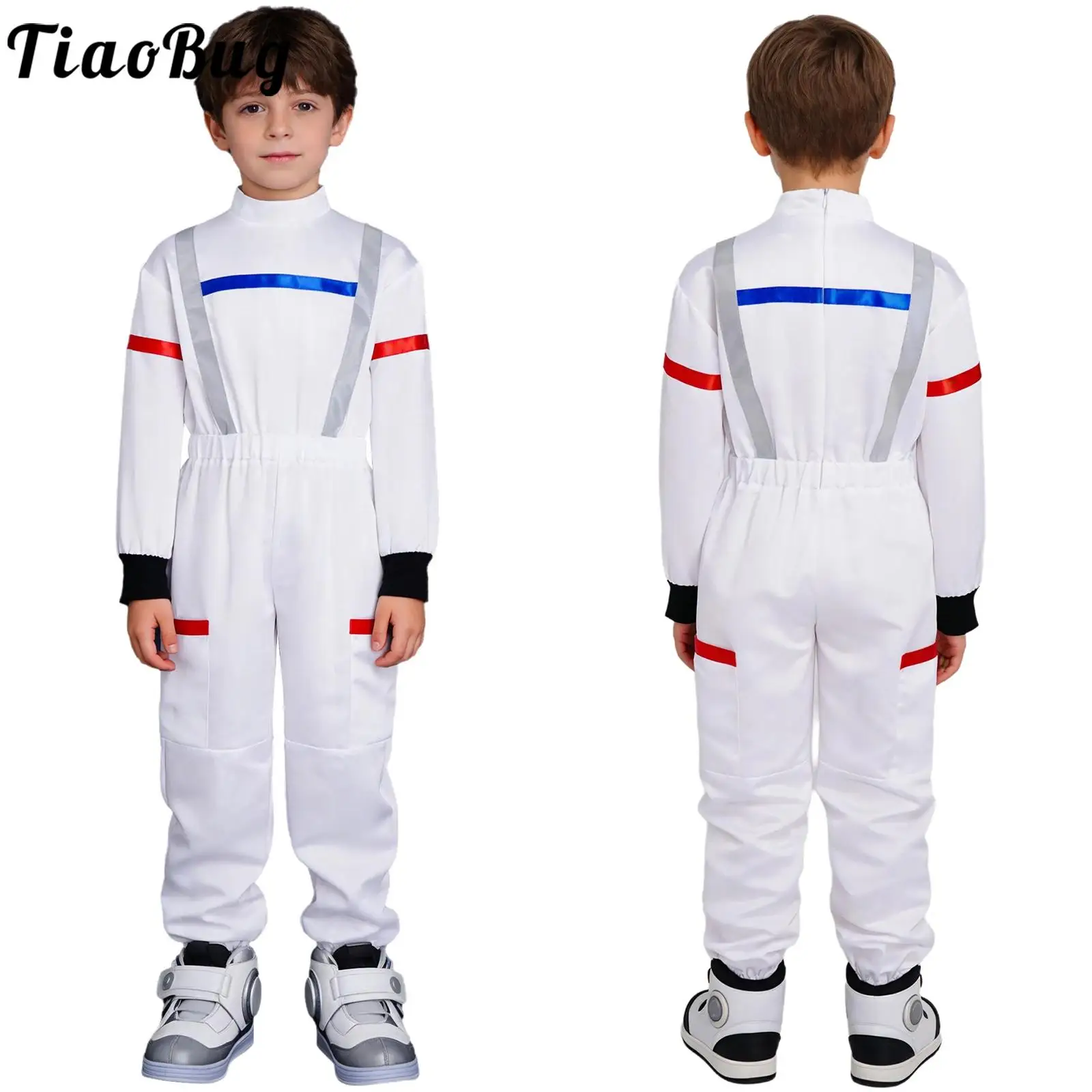 

Kids Boys Astronaut Role Play Costume Spacemans Romper Halloween Dress-up Long Sleeve Full Body Pockets Jumpsuit Astronaut Suit
