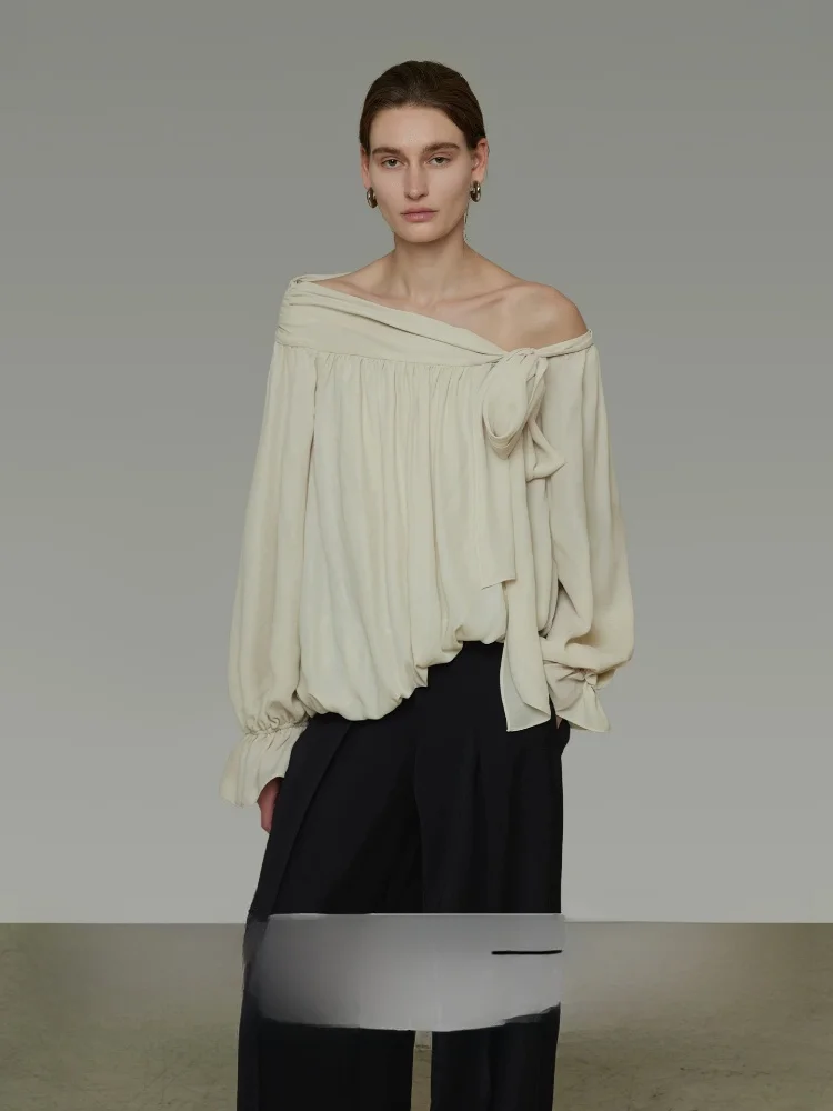 

Unspoken Asymmetrical Shoulder Shirt Women's Fashion Design Belted Sleeveless Top Commute Style Loose Fit Long Sleeve Polyest...
