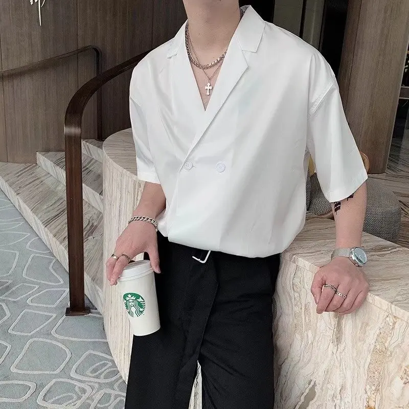 

Summer Thin ort Sve White irt Men's Korean Sle Suit Collar Loose Fit Youth Faion Daily Wear Gentle een