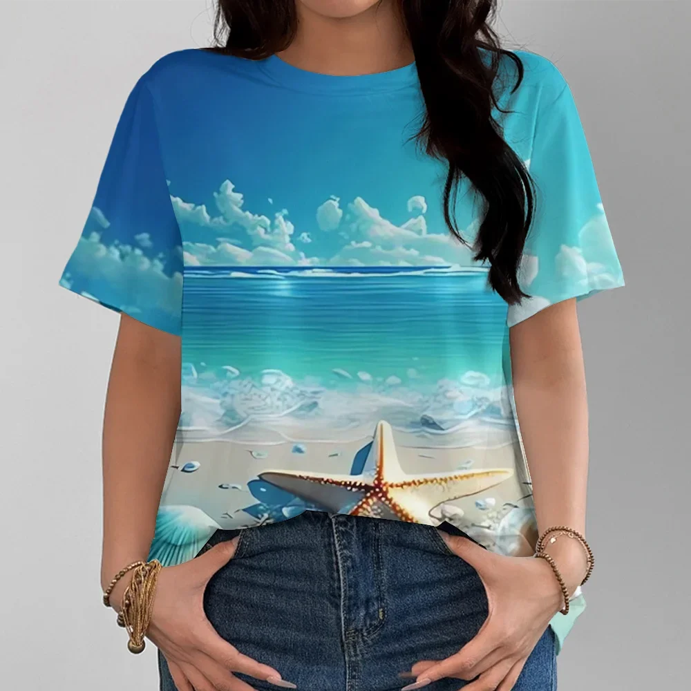 เสื้อยืดผู้หญิงลายเปลือกหอยปลาดาวมหาสมุทร Y2K สไตล์ชายหาดลำลองแฟชั่นสบายฤดูร้อนสีฟ้าคอกลมแขนสั้น