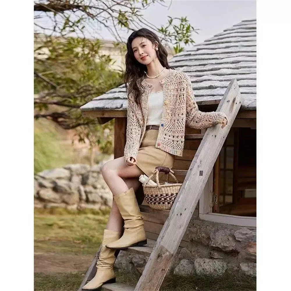 

New Women's Sweet Hollow Knitted Cardigan 2025 Spring Autumn Button Single Breasted Top O-neck Cardigan Korean Fashion Clothes