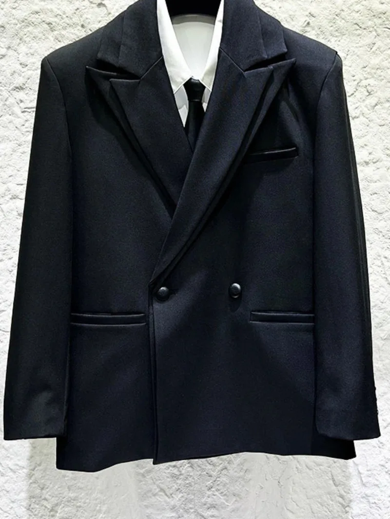2026 Spring New Male Blazer Personality Patchwork Design Double Collar Blazer Korean Style Simple Casual Menswear XS43