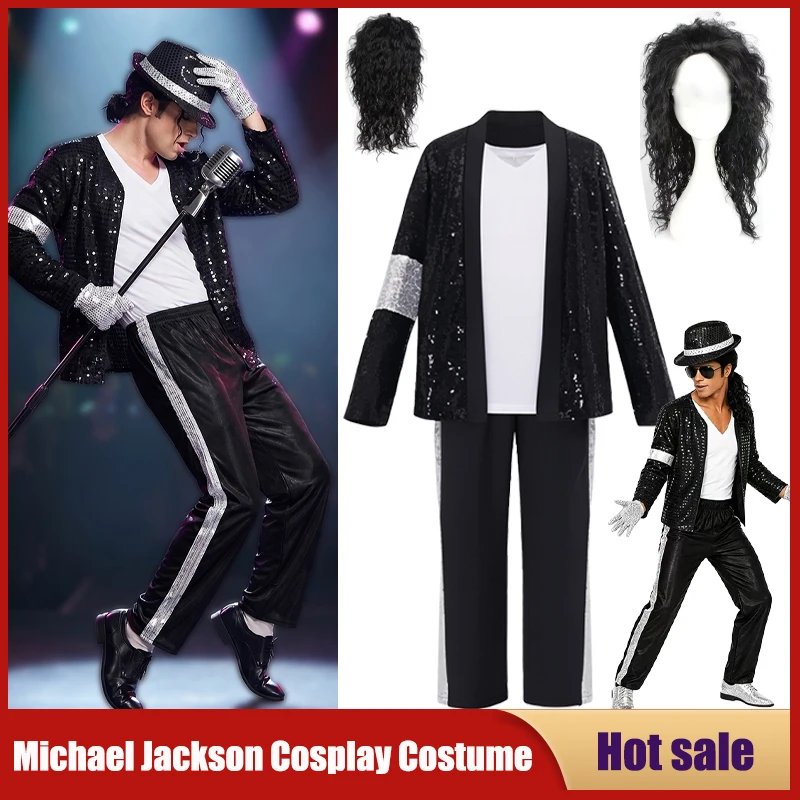 Disfraz de Michael Jackson, Estrella del Pop, para Cosplay, Baile Hip Hop, Discoteca, con Brillantina, para Fiesta, Halloween, Actuación, Disfraz para Escenario