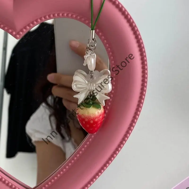 3XUA Handmade Strawberry Phone Jewelry Resin Keychain Bowknot Phone Charm Phone Strap