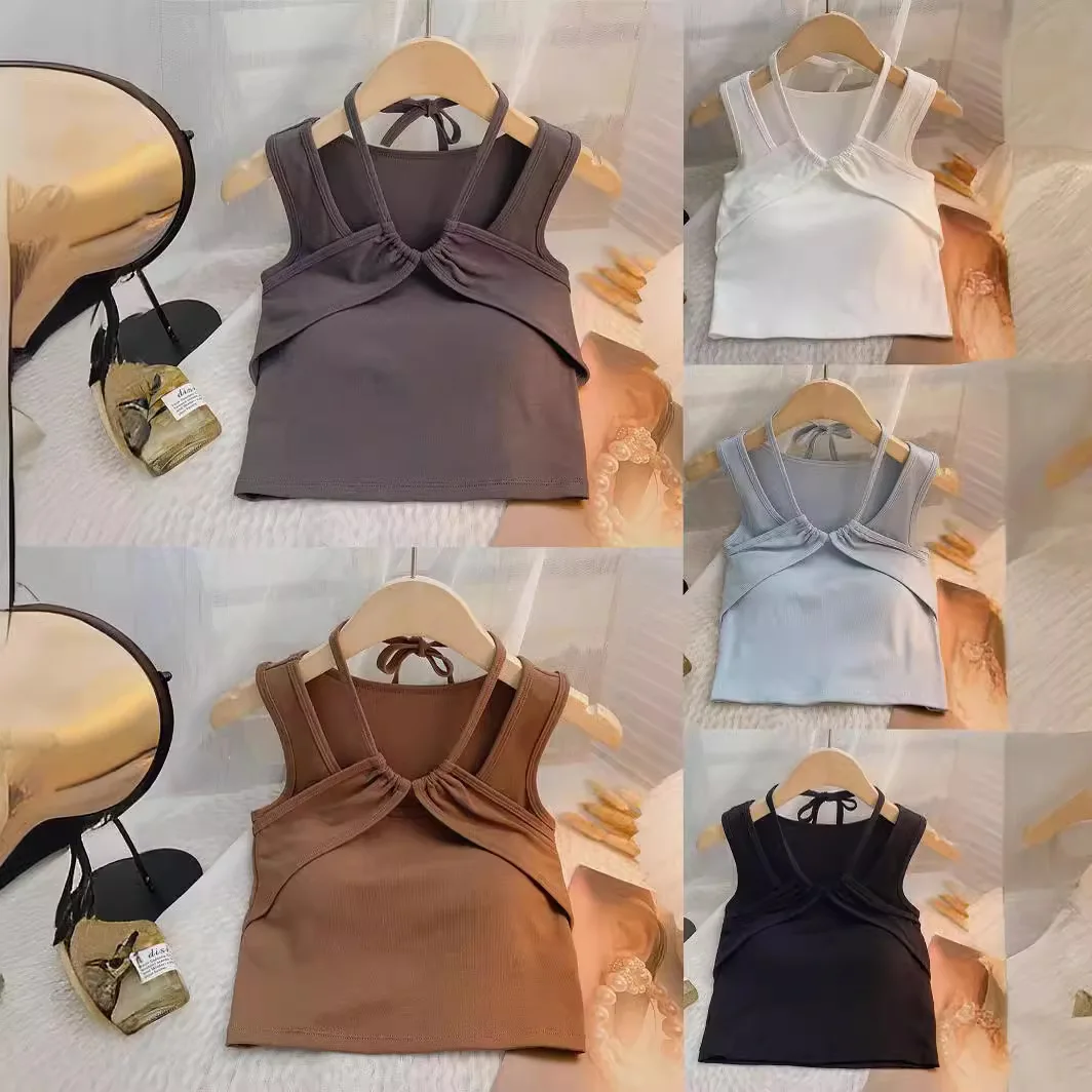 2025 crop top vest kids clothes underwear pleated streetwear 3 to 16 yrs teenage girls halter tank top hanging neck camisole