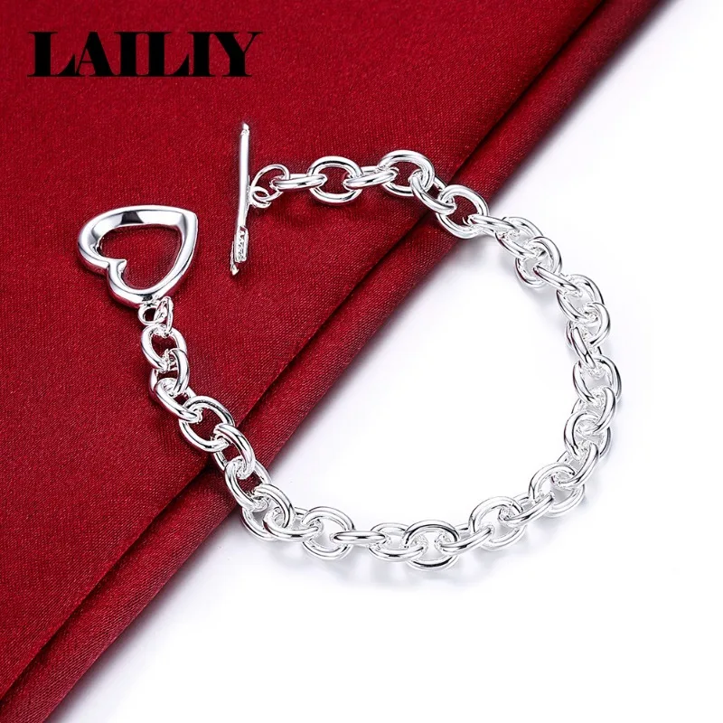 LAILIY 925 Sterling Silver Heart Clasp Cuban Link Bracelet Bangle For Women Fashion Jewelry Engagements Weddings Birthdays Party
