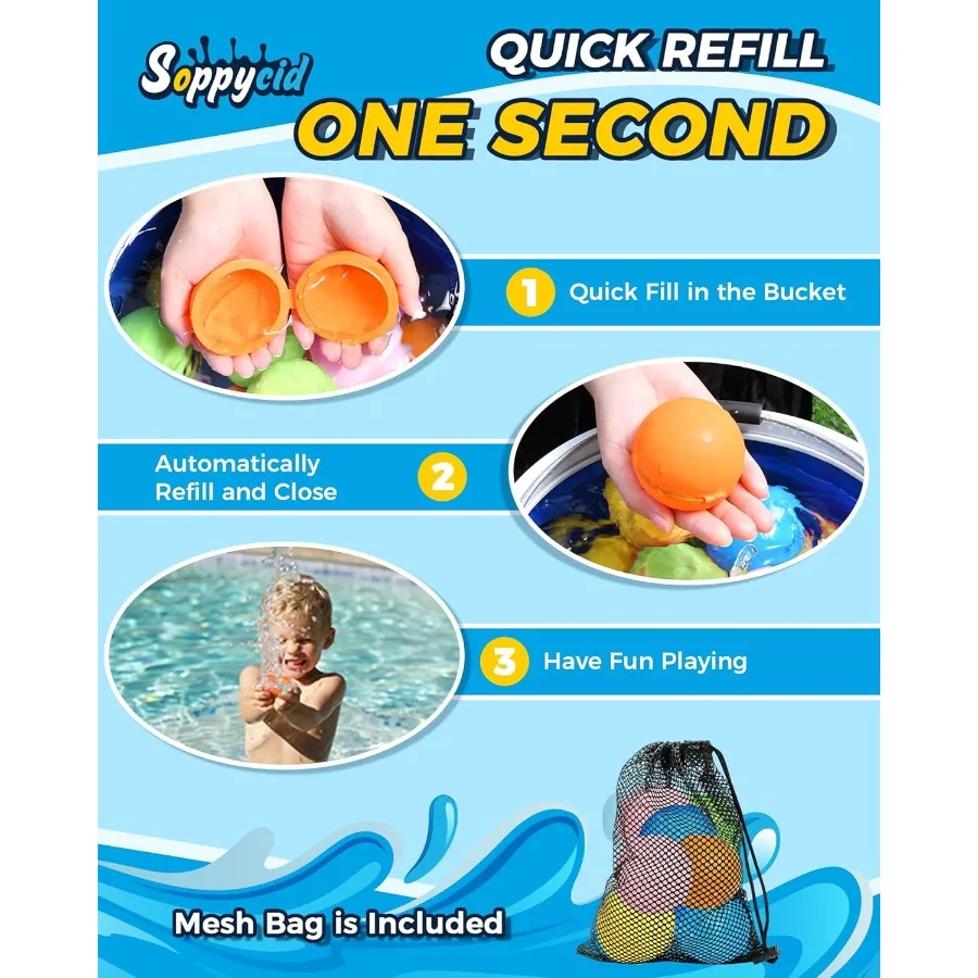 Palloncini d'acqua riutilizzabili da 15 pezzi, riempimento rapido, giocattoli da bagno in piscina per bambini, giocattolo d'acqua estivo per ragazzi e ragazze, palline per bombe d'acqua, famiglia Wate