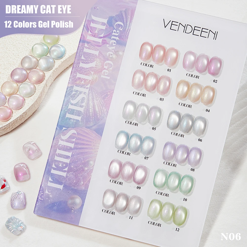 Vendeeni 12 Colors Moonlight Crystal Cat Eye Gel Nail Polish Ceramic Jade Magnetic Cat Eye UV Soak Off Gel Varnish With Display