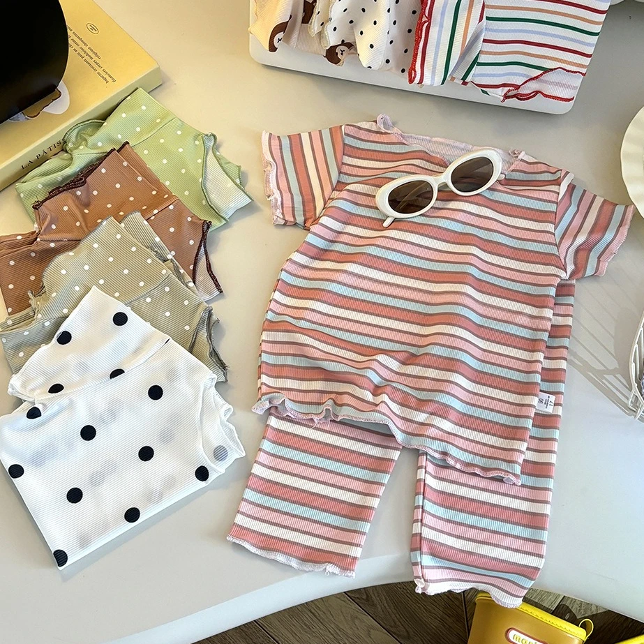 Summer Girls' Short Sleeved Set Baby Top Long Pants Two-piece Set Children's Polka Dot Striped Bear Pattern Air-conditioned Suit