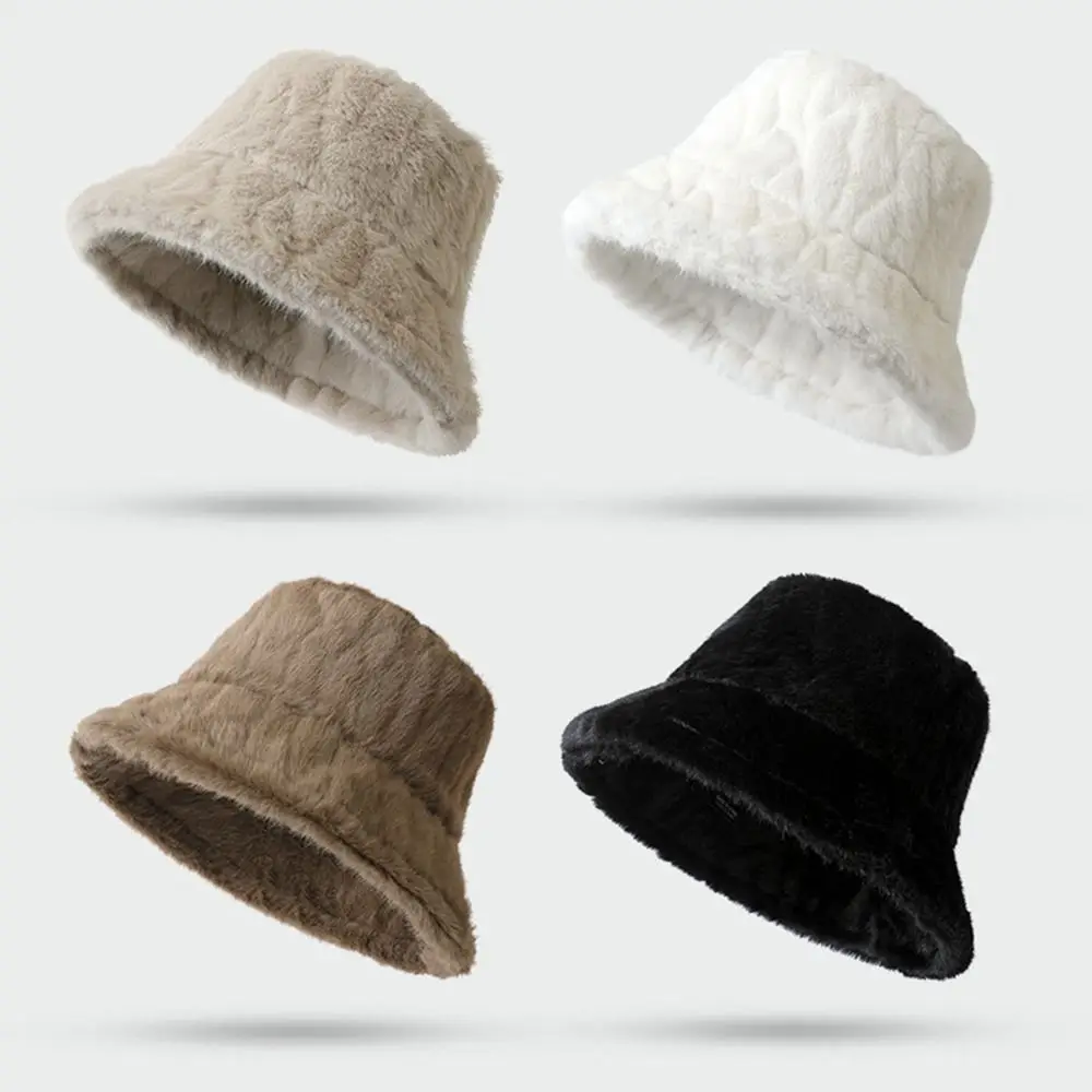 قبعة شتوية جديدة من الفرو المنفوش قبعة دلو سميكة مقاومة للرياح بلون سادة قبعة صياد للنساء والفتيات #4