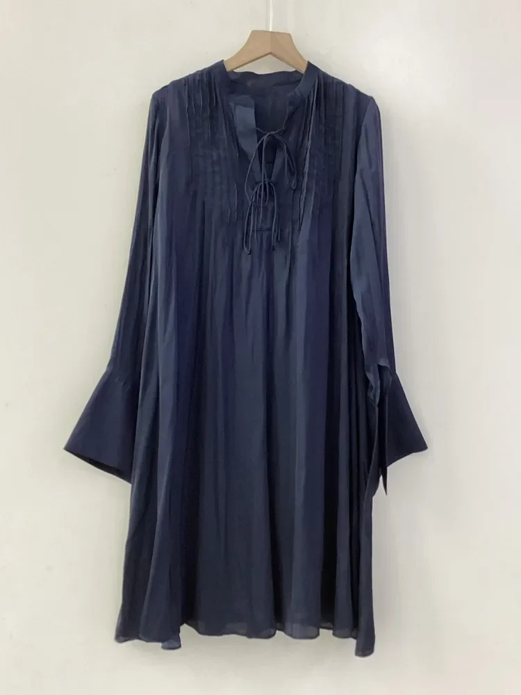 

Women Pleated Straight Dress Lace-up V-Neck Cuffs Slit Flare Sleeve Fashion Casual Mini Robe