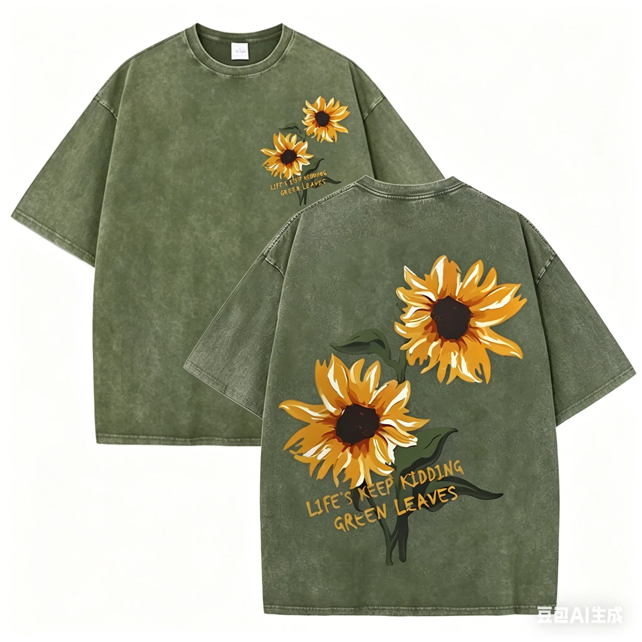 Retro Sonnenblumen-Grafik T-Shirt Grün Acid Wash Lässige Streetwear Unisex Tee – Detail 13