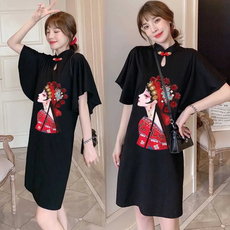 Chinese Opera Print Dress for Women, Summer Long Sleeve, National Style Cheongsam, Modern Improve, Elegant, Loose Qipao