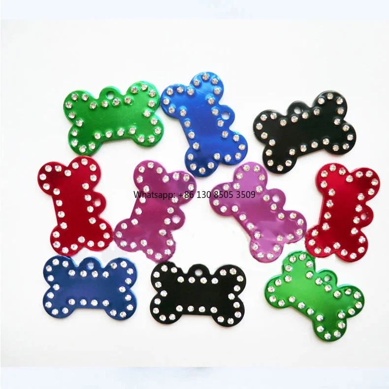10pcs   Wholesale Custom logo Bone Shape Pet Dog ID Tags with Diamond
