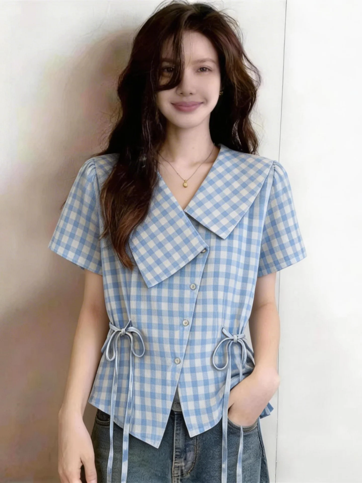 

Slimming Plaid Short Sleeve Shirt Women Summer 2026 Large Size Knot Design Korean Style Commute Wind Loose Fit Top