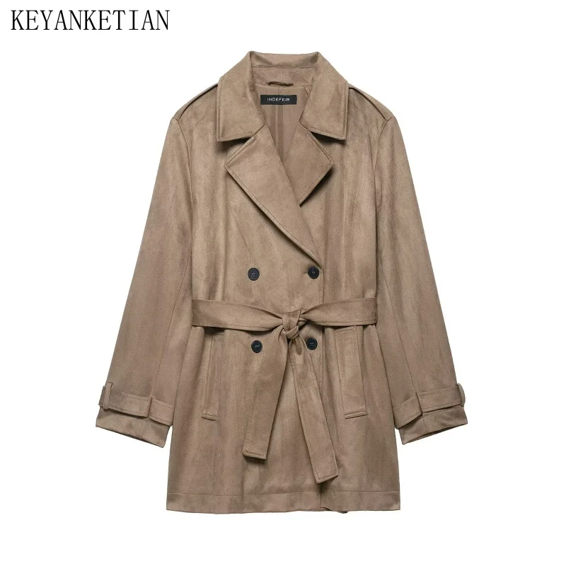 KEYANKETIAN Autumn And Winter New Women's Windproof Lapel Double Row Buckle Lace up Suede Windbreaker Women Leather Jacket Long