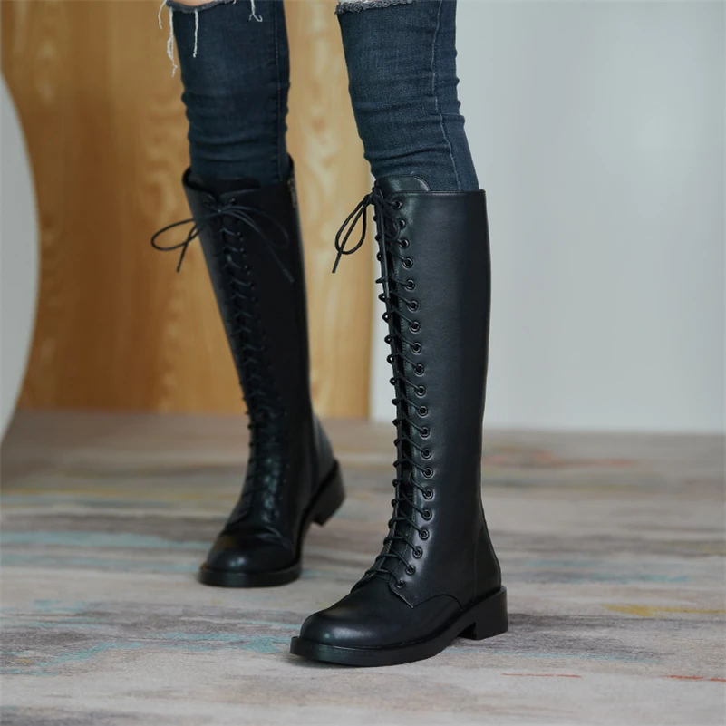 Meotina Women Genuine Leather Knee High Boots Round Toe Flat Zipper Ladies Boot Concise Lace-up Long Booties Autumn Winter Shoes