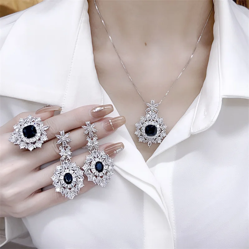 S925 Pure Silver High-End Colored Gemstone Set - Three-Piece Necklace, Ring, Tassel Earring and Chain - Women's Party Jewelry