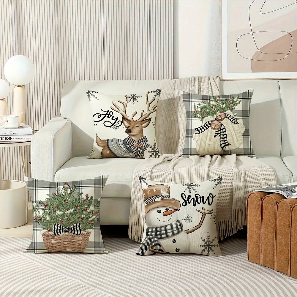 1pc, Festive Grey Striped Christmas Pillow Cover Vibrant Deer Snowman,and Tree DesignHome Decor Cushion Cover