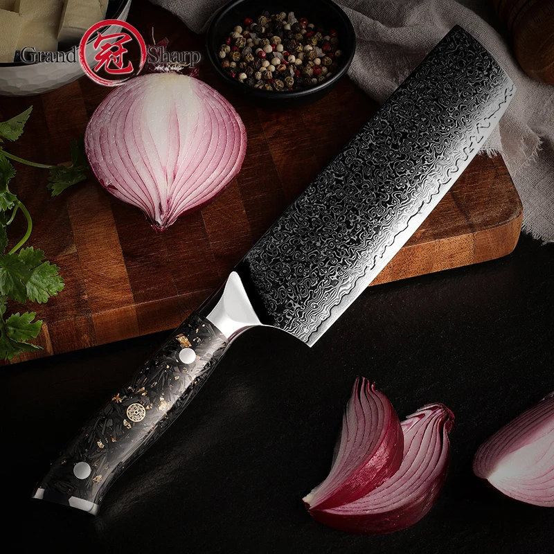 Bild 4: Grandsharp 7 Zoll Nakiri Messer 67 Schichten Damast Stahl chinesischen Hackmesser Kochmesser mit Kohle faser Griff Koch Küchenmesser