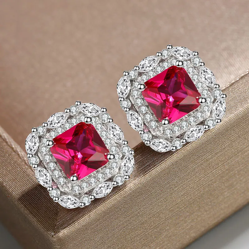 

Jewelry 's Colored Gems European and American Elegant Earrings Women's Inlaid Ruby-Corundum Gem Square 6*6 Stud Earrin