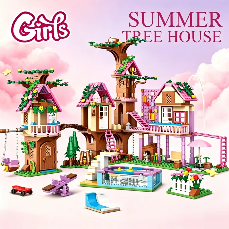 1050pcs Forest Treehouse Building Blocks Summer Dream Toys Puzzle Set Featuring A Standalone Villa,  Gift for Children