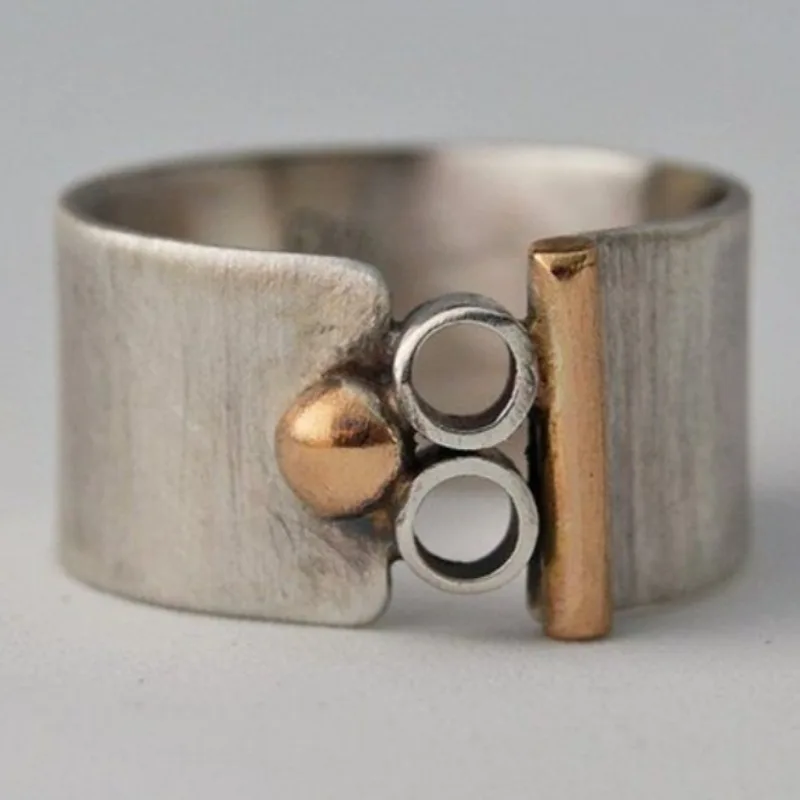 Vintage handgeschnitzter Damenring, Kreativität, zweifarbiges Metall, Geometrie, Alltagskleidung, Party-Schmuck, Jubiläumsgeschenk