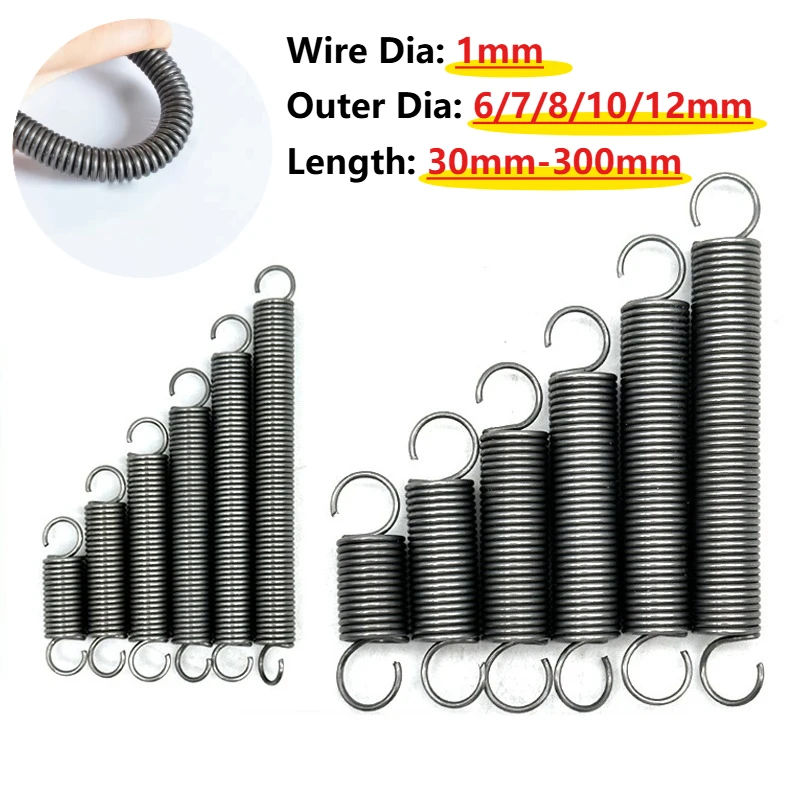 Opening Hook Stretching and Pulling Back Coil Spring Steel Diameter 1mm Outer Diameter 6/7/8/10/12mm Length 30/35/40/45-300mm