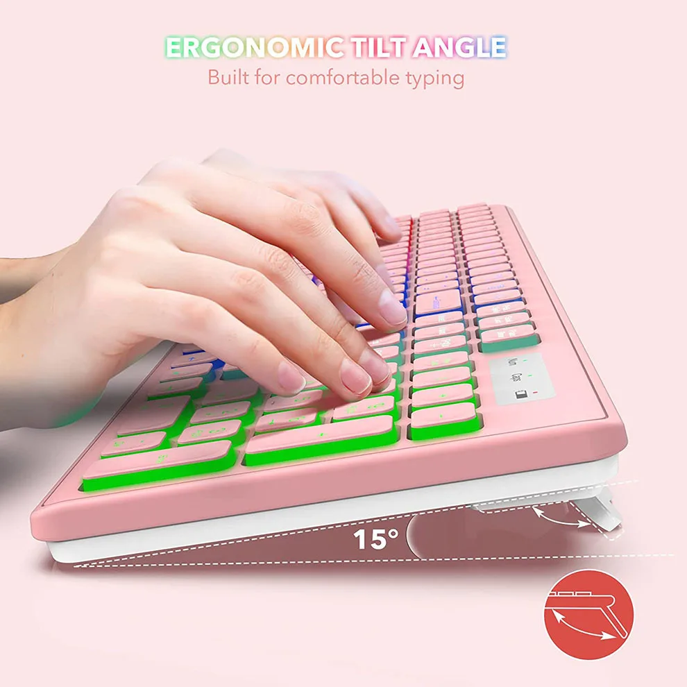 Hot JOMAA Wireless Keyboard and Mouse With RGB Backlit Rechargeable Full Size Wireless Keyboard Mouse Comb for Laptop PC Chrome