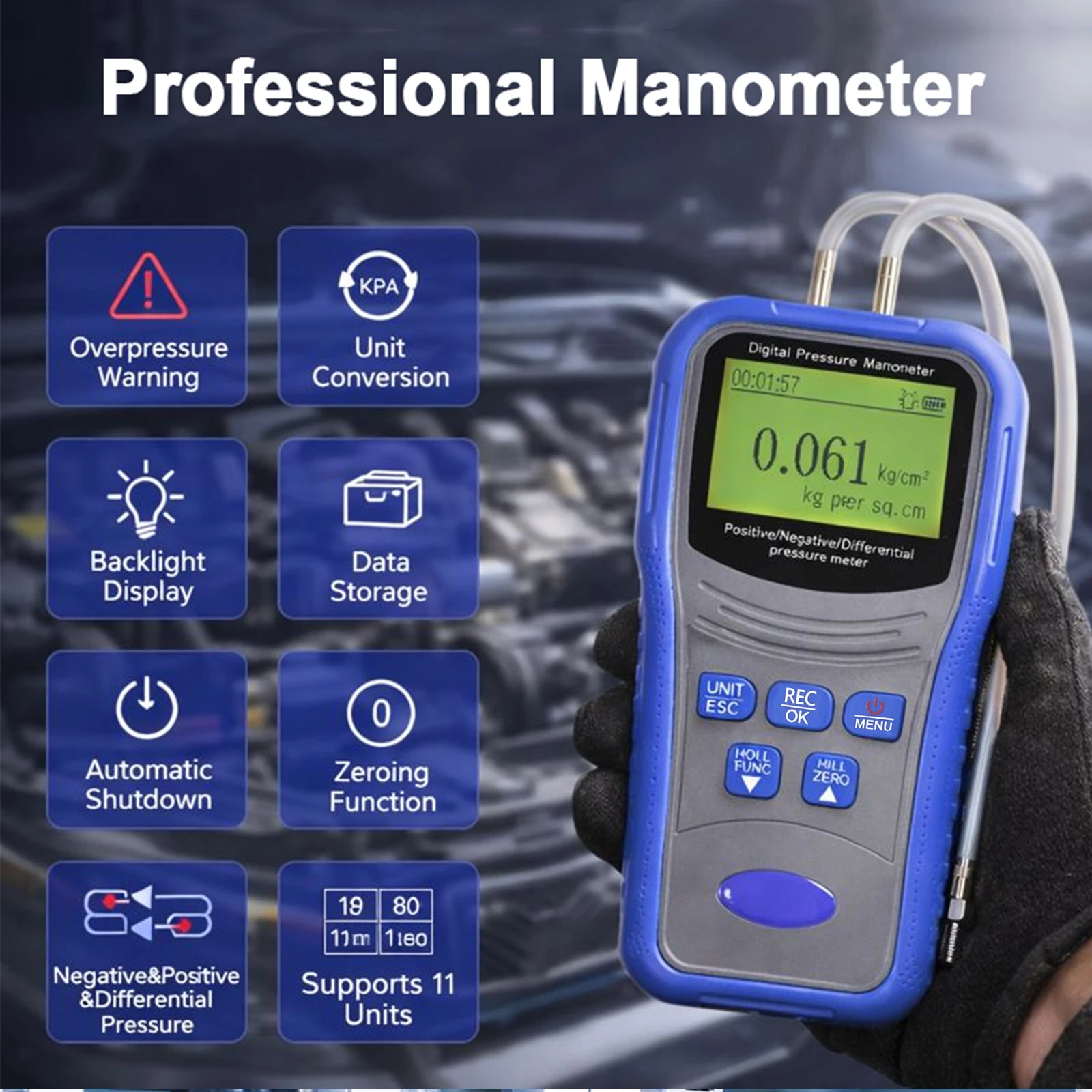 Pengukur Tekanan Diferensial Digital, ±206.8Kpa Dengan Lampu Latar, MAX/MIN/AVG, Pencatatan Data, Untuk Pemantauan Penurunan Tekanan Filter