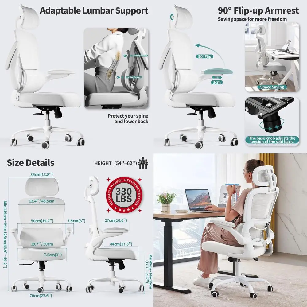 

Эргономичное офисное кресло с высокой спинкой и сетчатой обивкой, грузоподъемность 150 кг, удобное для игр и длительной работы (белое)