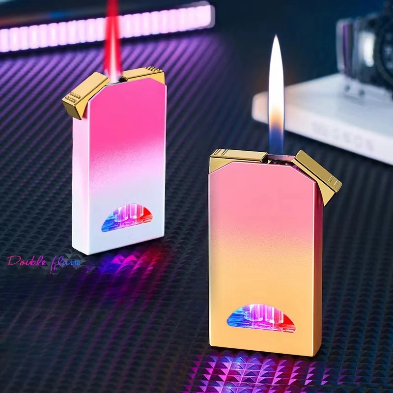 Metal Creative Double Fire Gas Lighter Open Fire Red Jet Fire Double Switch LED Colorful Light Visible Gas Window Cigar Lighters