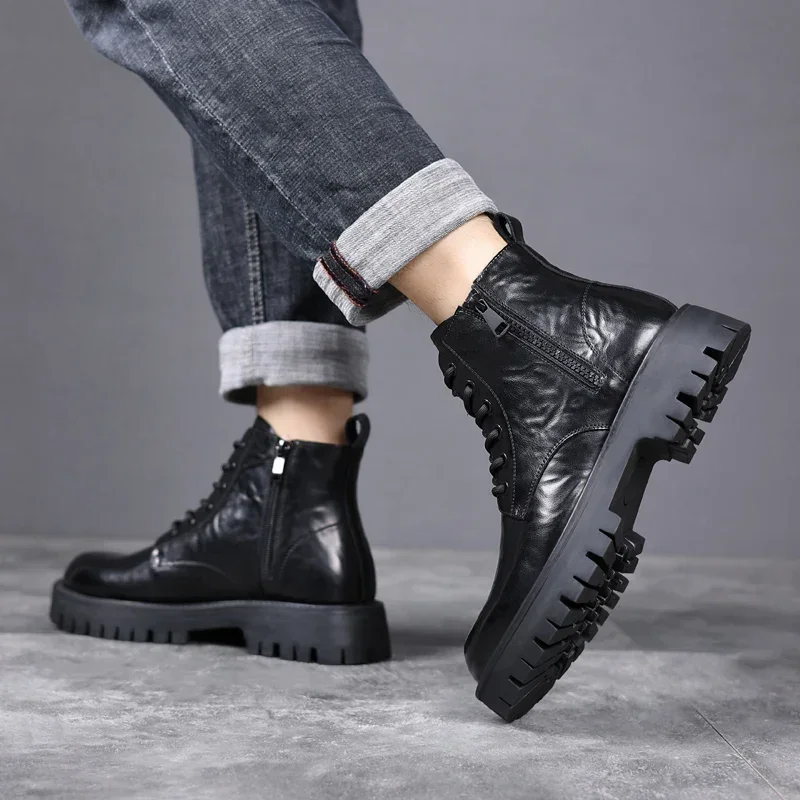 MEN Shoes 2023 High Quality Lace Up Zipper Men\'s Boots Winter Round Toe Solid Plush Warm Platform Water Proof Fashion Boots