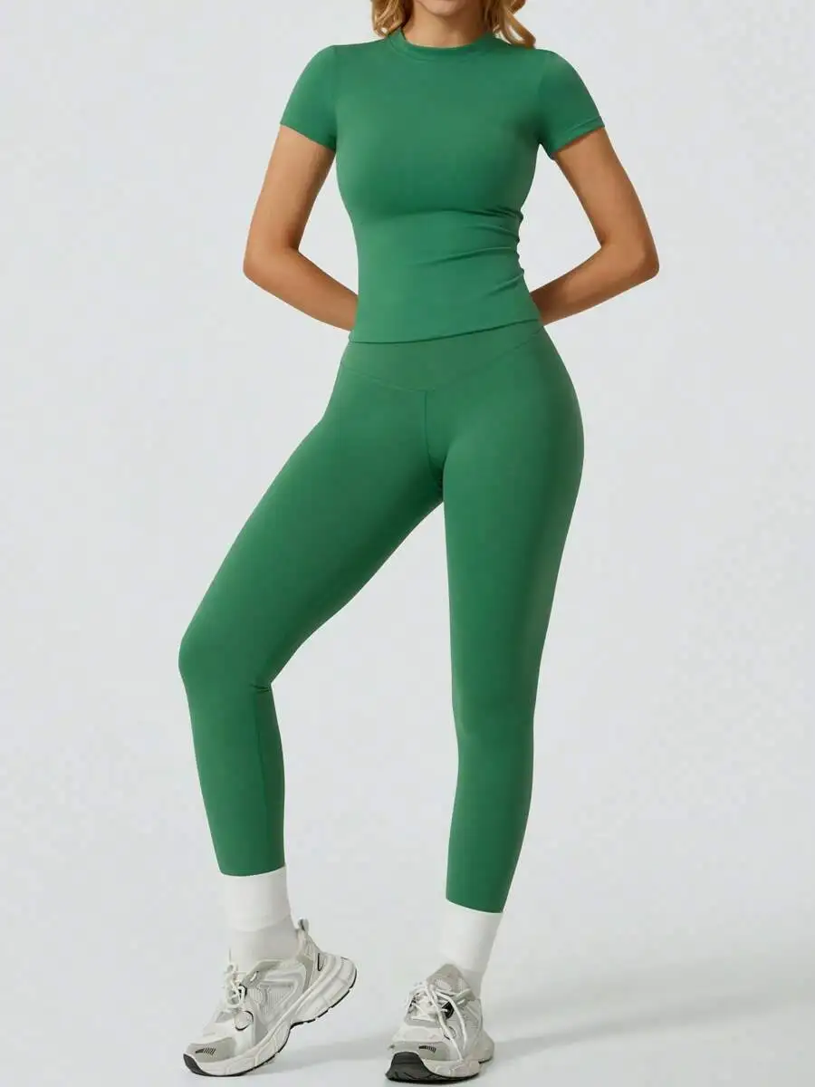 

Women Solid Color Minimalist Casual Sports Set Green Summer