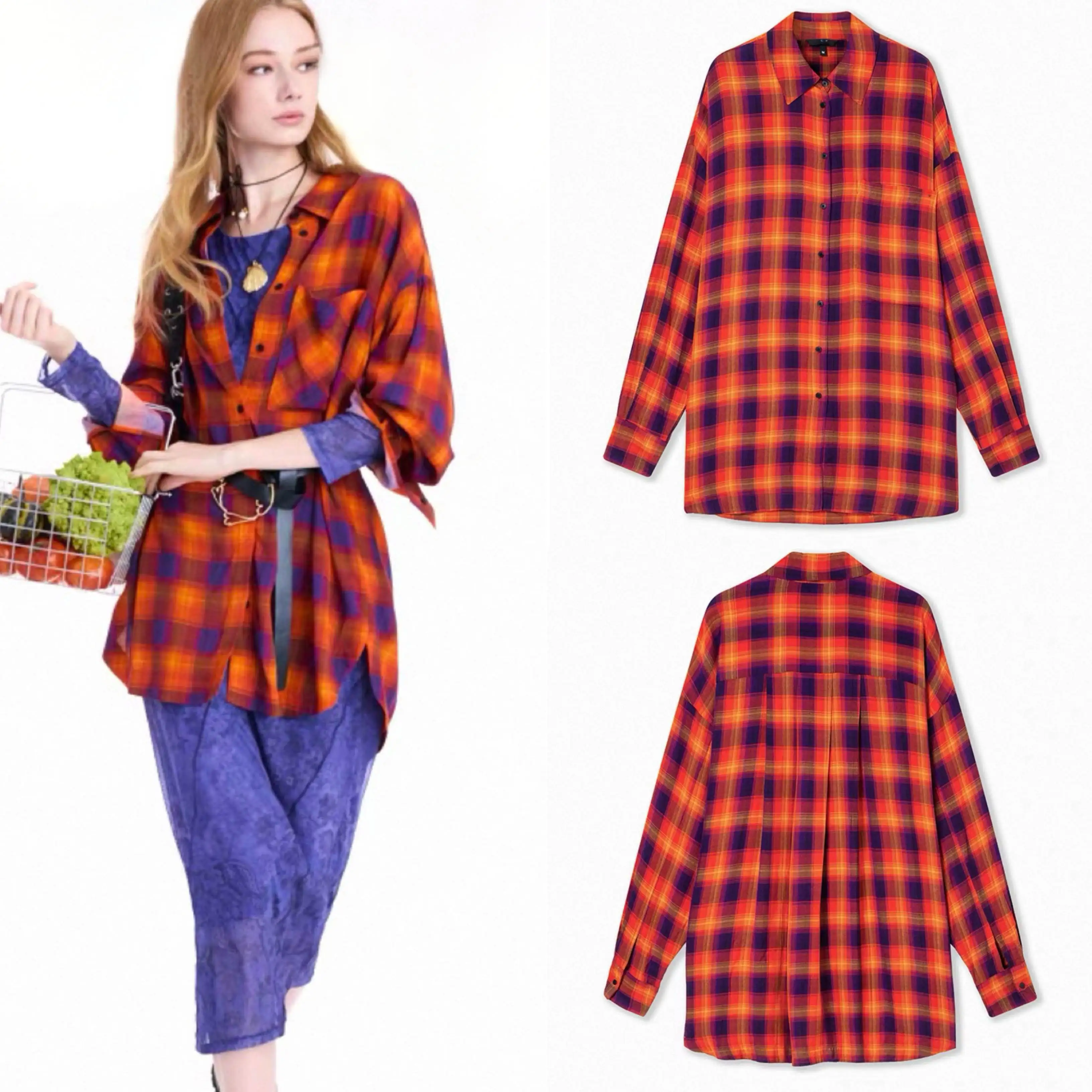 

Foreign trade Spain original light luxury women's shirt loose plaid contrasting color Zhou Ang long sleeved shirt new product