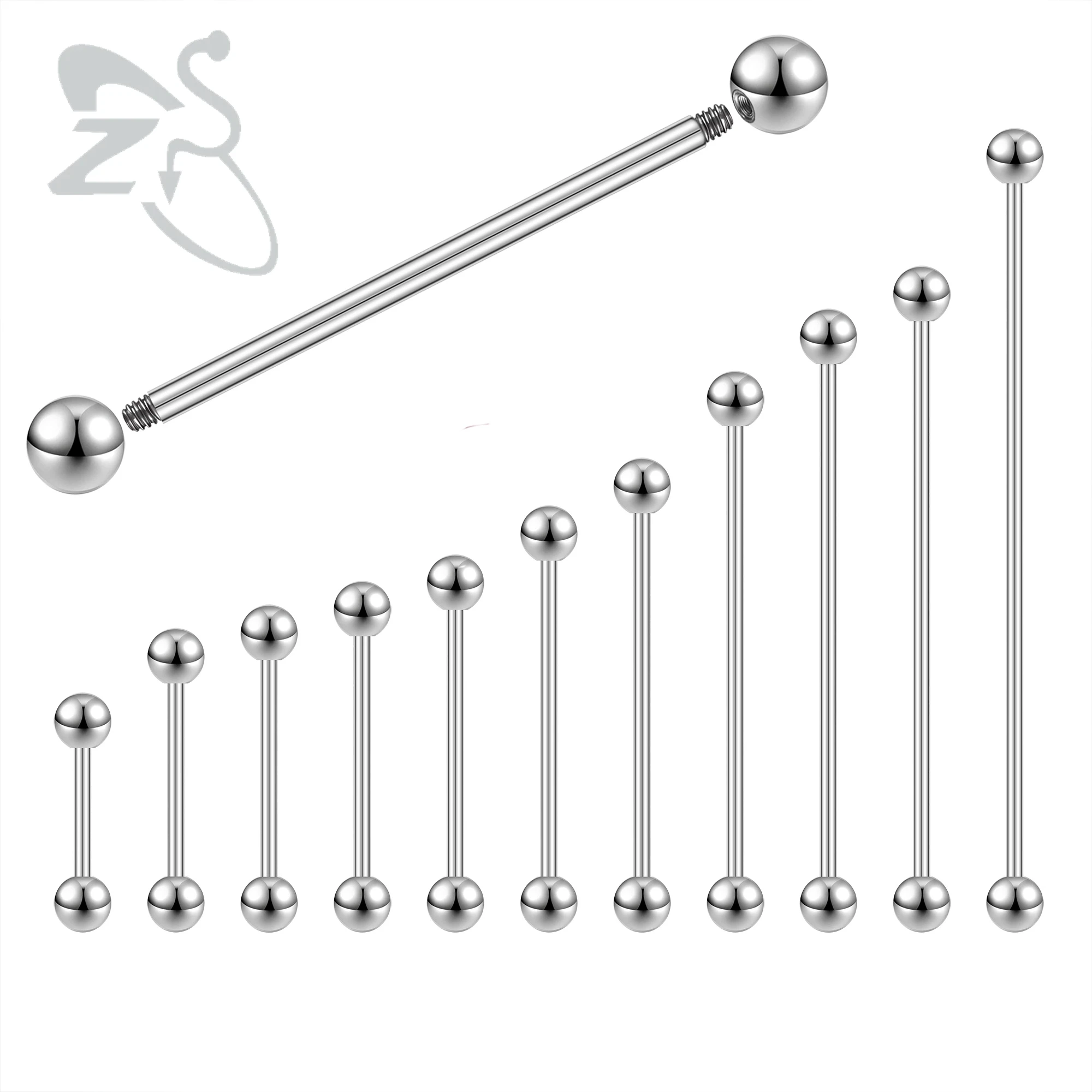 ZS 1PC 14G/16G Stainless Steel Long Industrial Piercing Barbell Cartilage Earring Piercing 12/14/16/18/20/24/28/32/40/45/48/60mm