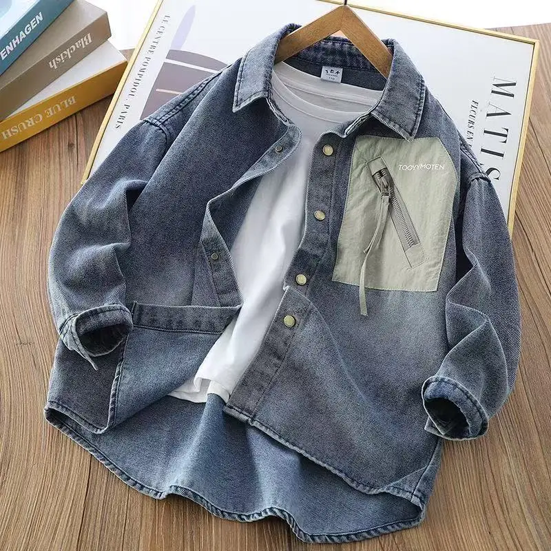 

Boys' Denim Shirt 2025 New Spring Fall Kids' Long Sleeve Stylish Top Boys' Trendy Denim Shirt Multi Season Children's Clothing
