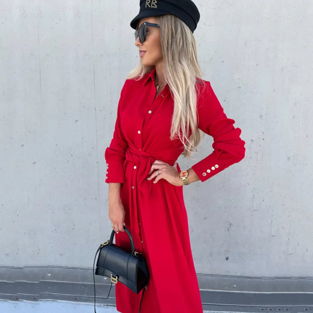 Women's New Autumn and Winter Fashion Shirt Lace-up Dress Solid Color Lapel Long Sleeve Single Breasted Cardigan Dress Vestidos