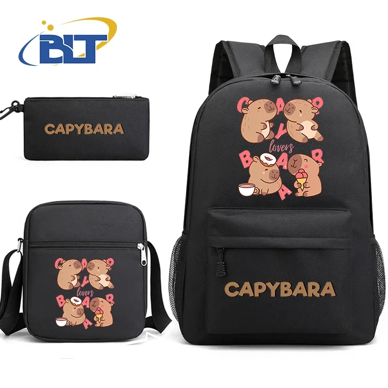 Cute capybara cartoon animal print student backpack set black backpack shoulder bag pencil case 3-Piece Set for boys and girls