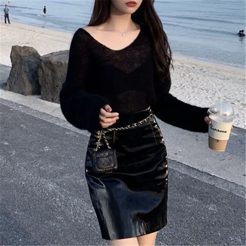 

Women Spring Autumn Pullover Solid Color V Collar Sweet Loose Long-sleeved Knit Sweater