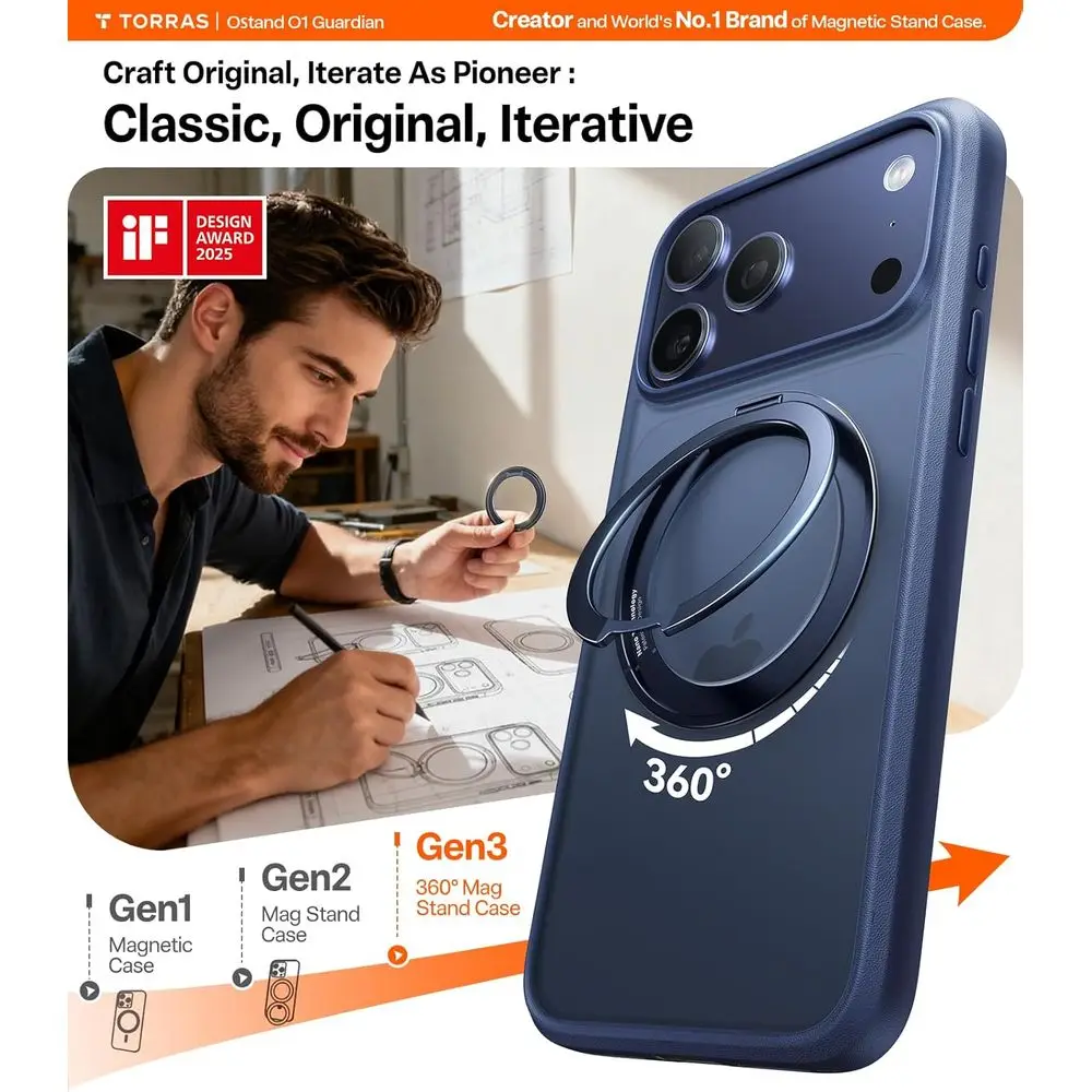 Verbeterde 360 magnetische standaard voor iPhone 17 Pro Max hoesje, geschikt voor MagSafe met ring, 4X Mil-grade bescherming, camerabediening, Tran