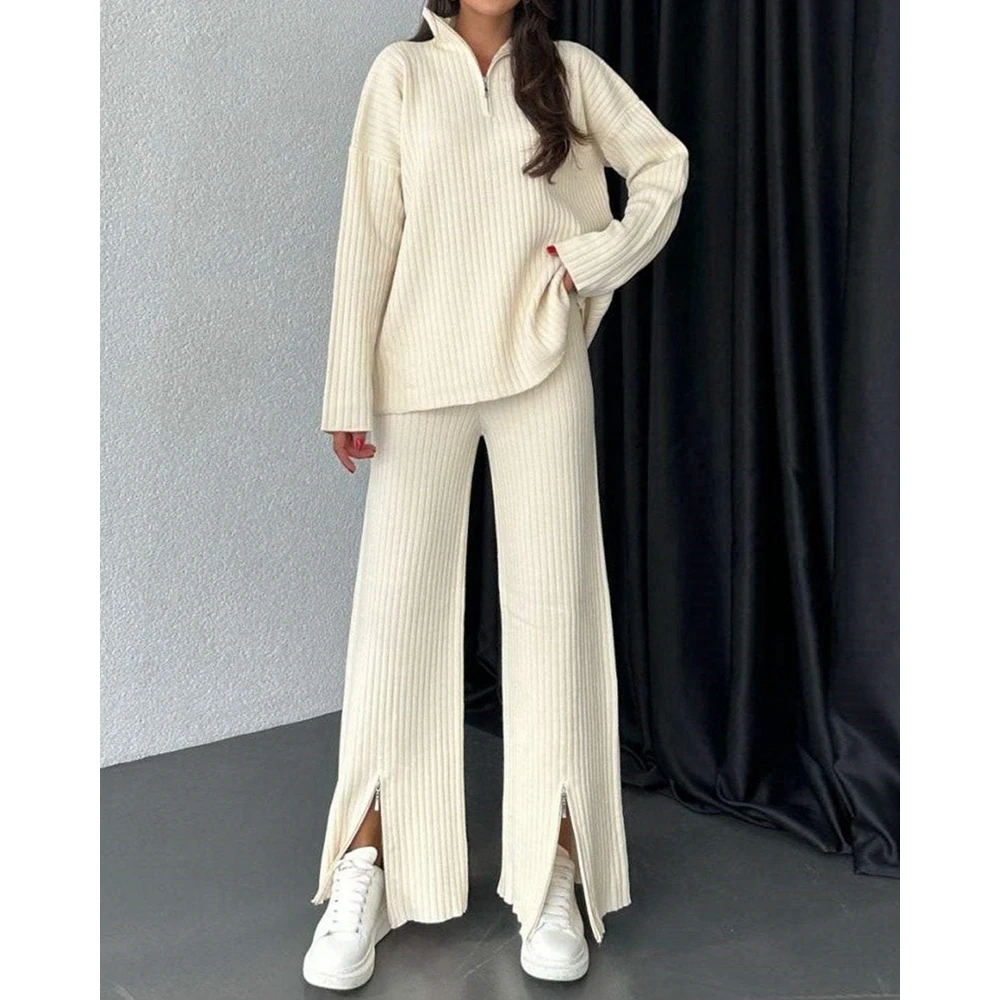 

Women's Long Sleeve Ribbed Zipper Decor Top and Wide Leg Pants Set Elegant Winter Solid Color Outfits Female 2 Piece Suit Sets