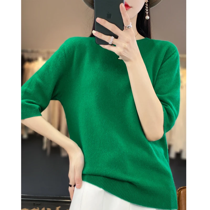 Women New 100% Merino Wool Half Sleeved Sweater T-shirt Round Collar Solid Color Pullover Spring Summer Bottoming Shirt Knit Top