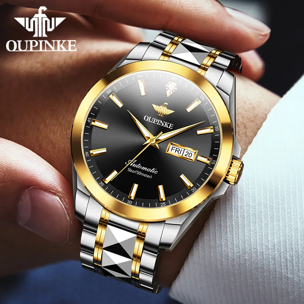 OUPINKE 3223 Мужские часы Элитный бренд Механические часы ﻿   Водонепроницаемые мужские часы из вольфрамовой стали 50 м с отчетом качества