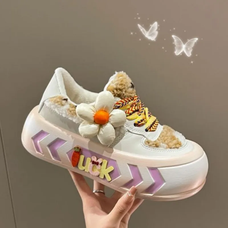 Cute Kawaii Ladies Shoes on Sale New Fashion Round Toe Lace Up Women's Vulcanized Shoes Spring Flat Outdoor Warm Women Sneakers