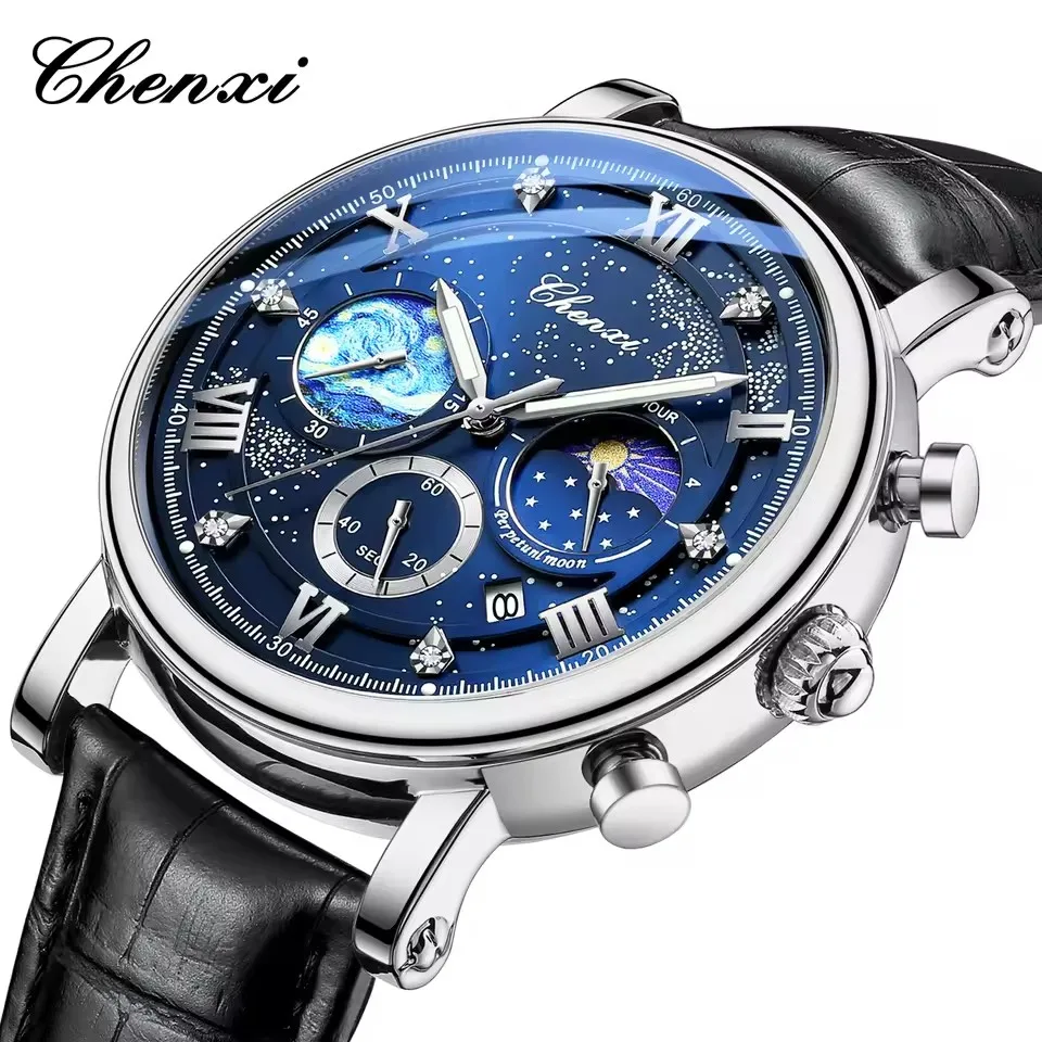 CHENXI 972 Sun Stars Stopwatch Multi-function Fashion Men's Moon Phase Timing Calendar Quartz Watch Clock Man relogios masculino
