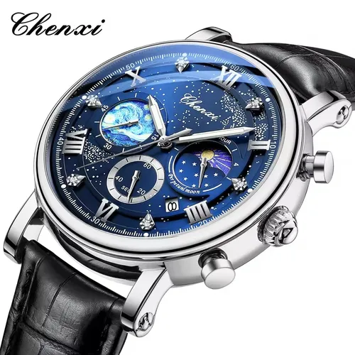 Imagen 2 del producto CHENXI 972 Sun Stars cronómetro multifunción moda hombres fase lunar sincronización calendario reloj de cuarzo hombre relojes masculino